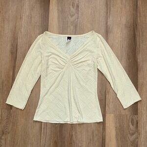 Vintage Butter Yellow Ruched V-Neck 3/4 Sleeve Textured Top M wrapper  Cottage